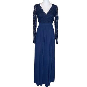 Lulus Navy Blue Lace Long Sleeve Scallop Maxi Dress Open Back Formal Gown XS
